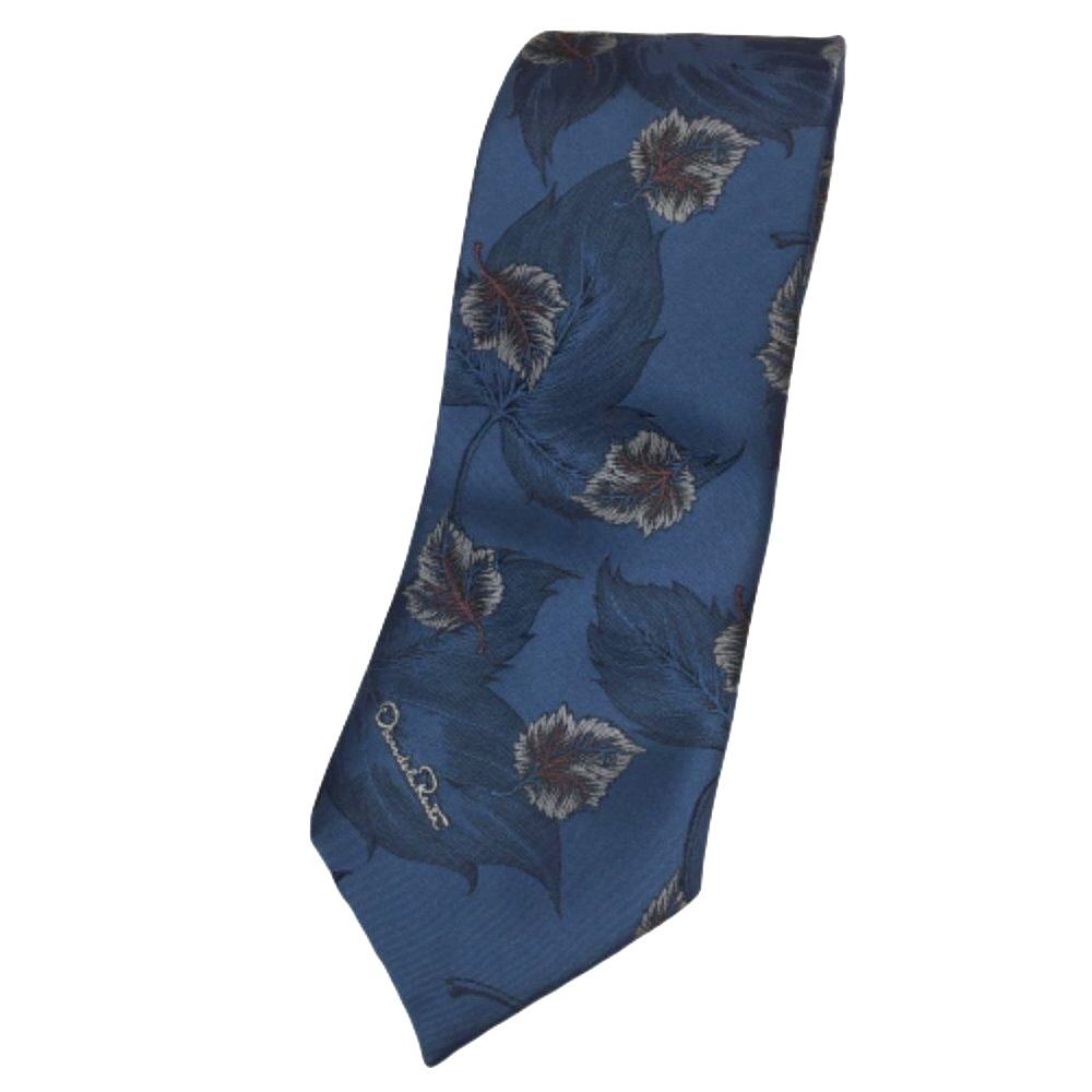 Oscar de la Renta Blue Flower Leaf Pattern Retro Designer Vintage Tie